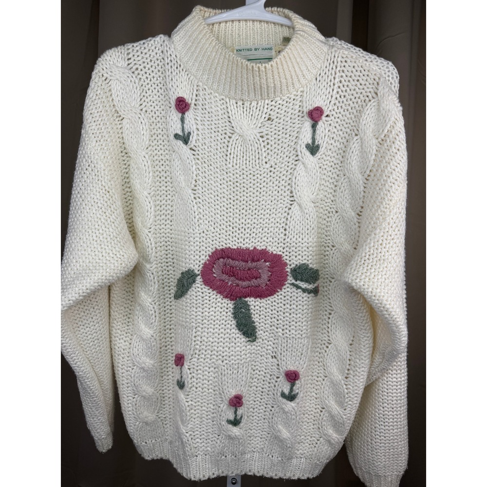 Vintage Shenanigans Hand Knit Floral Sweater Cream Chunky 80s‎ 90s M